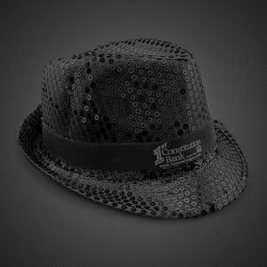 Black Sequin Fedora Hat w/Silk Screened Black Band