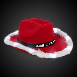 Red Santa Light Up Cowboy Hat with White Marabou Trim(Black Imprinted Band)