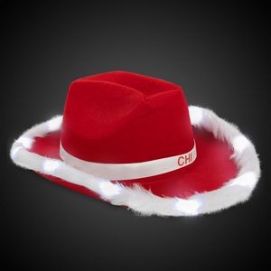 Red Santa Light Up Cowboy Hat with White Marabou Trim(White Imprinted Band)