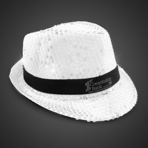 White Sequin LED Fedora Hat w/Silk Screened Black Band