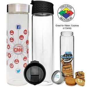 16oz Clear Glass Cylinder Water Bottle w/Flip Top Lid (Screen Printed)